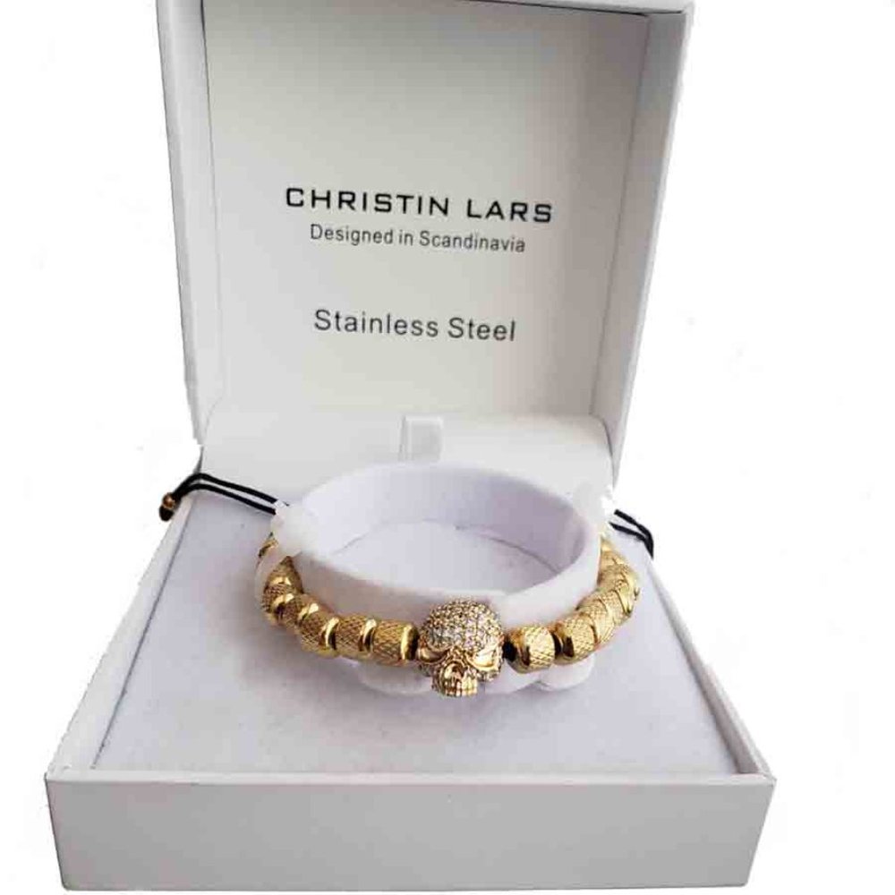 Christin Lars Scandinavia Gold Stainless Steel + Crystals Skull Bracelet Men's - Picture 3 of 3